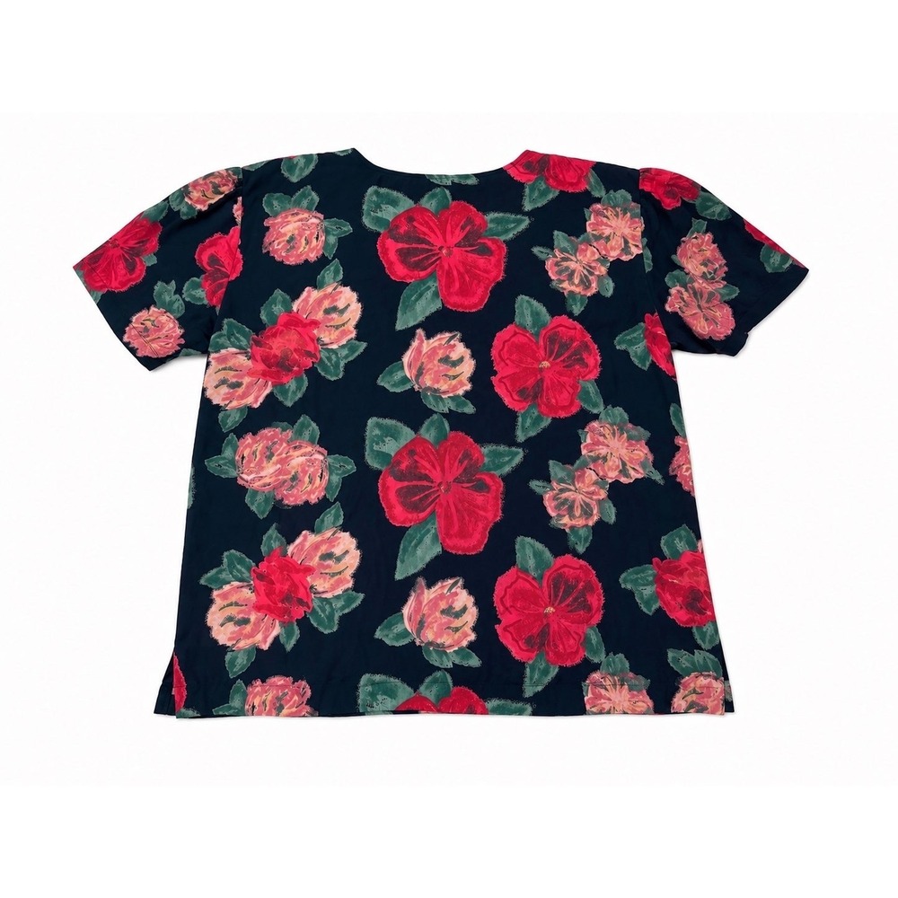 Women's Yessica Floral Button Front Blouse Size L Vintage Navy Red Top